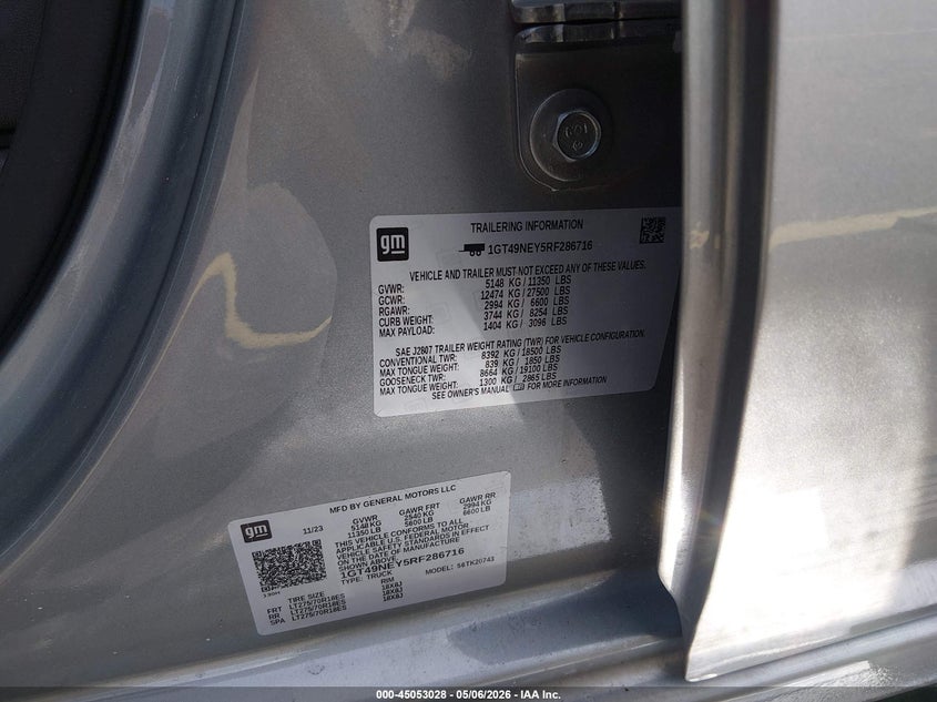 2024 Gmc SIERRA VIN 1GT49NEY5RF286716 IAAI salvage auction — WATER/FLOOD, Certificate Of Destruction (Florida), sold $14,600 on 2026-07-30 (photo 9)