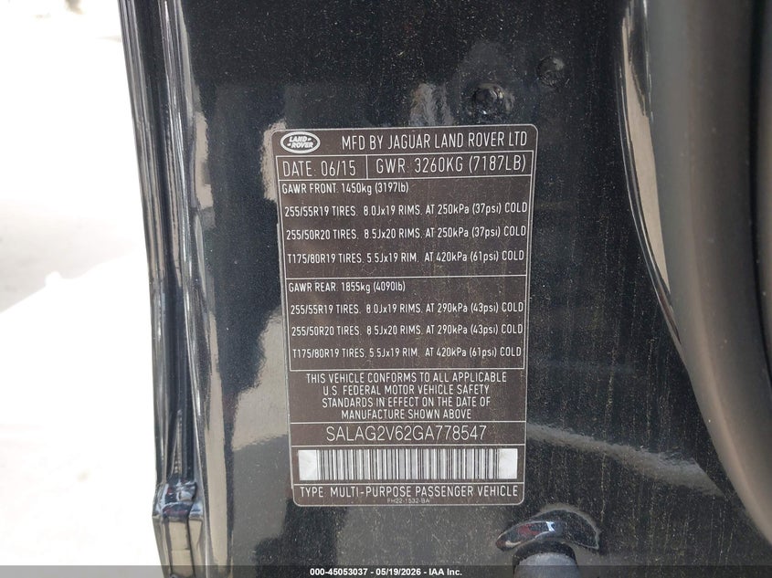 2016 Land rover Lr4 VIN SALAG2V62GA778547 IAAI salvage auction — NORMAL WEAR, Salvage (Texas), sold $1,625 on 2026-07-21 (photo 9)