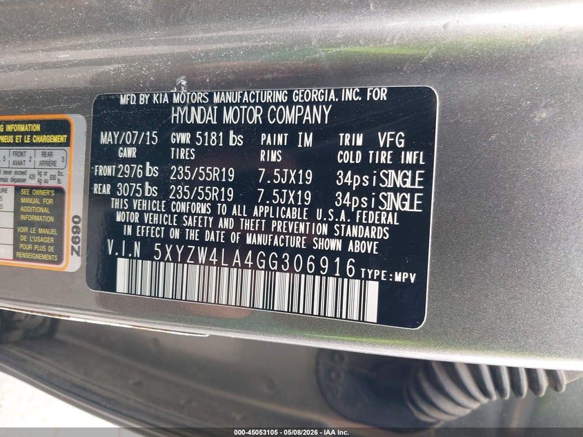 2016 Hyundai Santa fe VIN 5XYZW4LA4GG306916 IAAI salvage auction — RIGHT SIDE, Salvage (Texas), sold $2,875 on 2026-07-14 (photo 9)