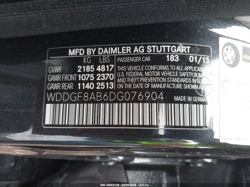 2013 Mercedes-benz C-klasse VIN WDDGF8AB6DG076904 IAAI salvage auction — RIGHT SIDE, Salvage (Kansas), sold $1,850 on 2026-07-29 (photo 9)