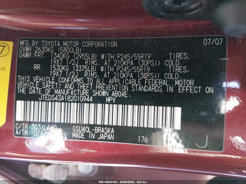 2008 Toyota Highlander VIN JTEDS43A182010944 IAAI salvage auction — FRONT END, Salvage (West Virginia), sold $875 on 2026-07-15 (photo 9)