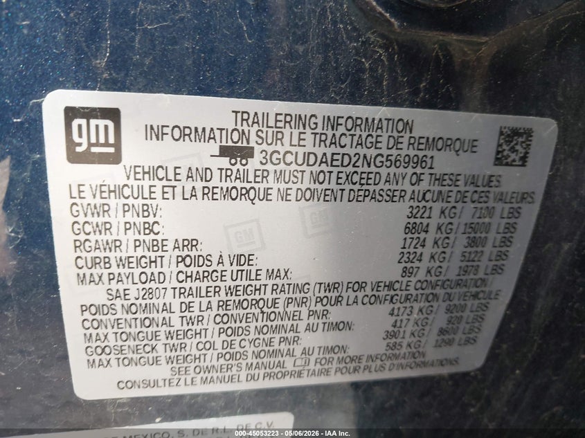2022 Chevrolet Silverado VIN 3GCUDAED2NG569961 IAAI salvage auction — FRONT END, Salvage (Indiana), sold $5,600 on 2026-07-18 (photo 9)