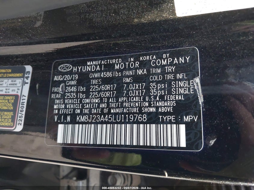 2020 Hyundai Tucson VIN KM8J23A45LU119768 IAAI salvage auction — FRONT END, Original (Texas), sold $3,050 on 2026-07-14 (photo 9)
