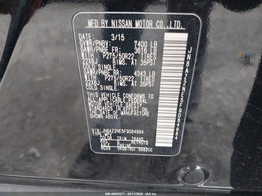 2015 Infiniti Qx80 VIN JN8AZ2NE5F9084884 IAAI salvage auction — SIDE, Salvage (Pennsylvania), sold $2,050 on 2026-07-17 (photo 9)