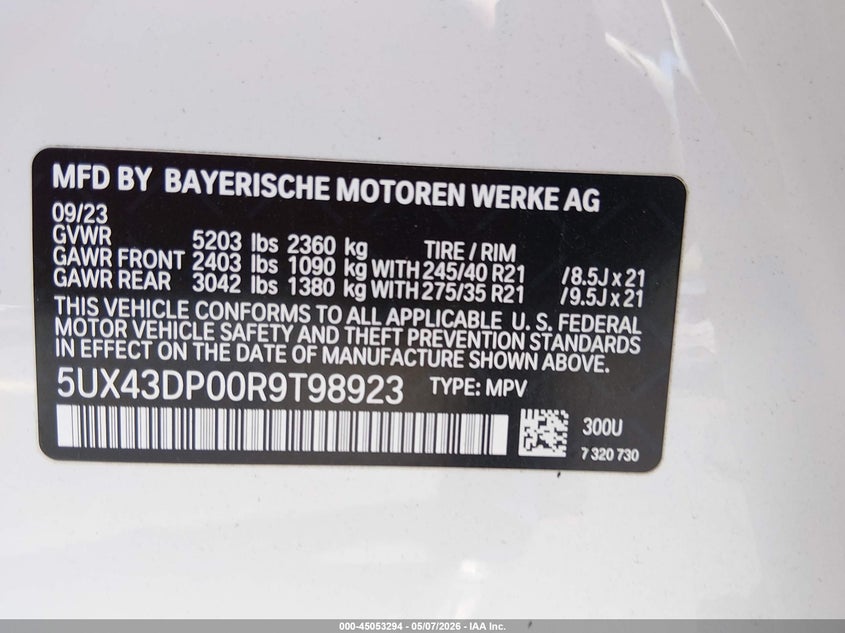 2024 BMW X3 VIN 5UX43DP00R9T98923 IAAI salvage auction — LEFT SIDE, Rebuildable (Florida), sold $13,050 on 2026-07-30 (photo 9)