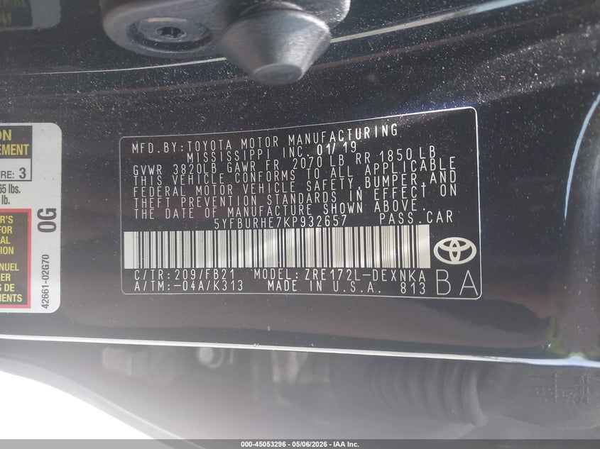 2019 Toyota Corolla VIN 5YFBURHE7KP932657 IAAI salvage auction — REAR END, Rebuildable (Florida), sold $3,975 on 2026-07-30 (photo 9)
