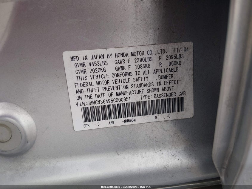 2005 Honda Accord VIN JHMCN36495C000951 IAAI salvage auction — NORMAL WEAR, Clear (Missouri), sold $75 on 2026-07-23 (photo 9)