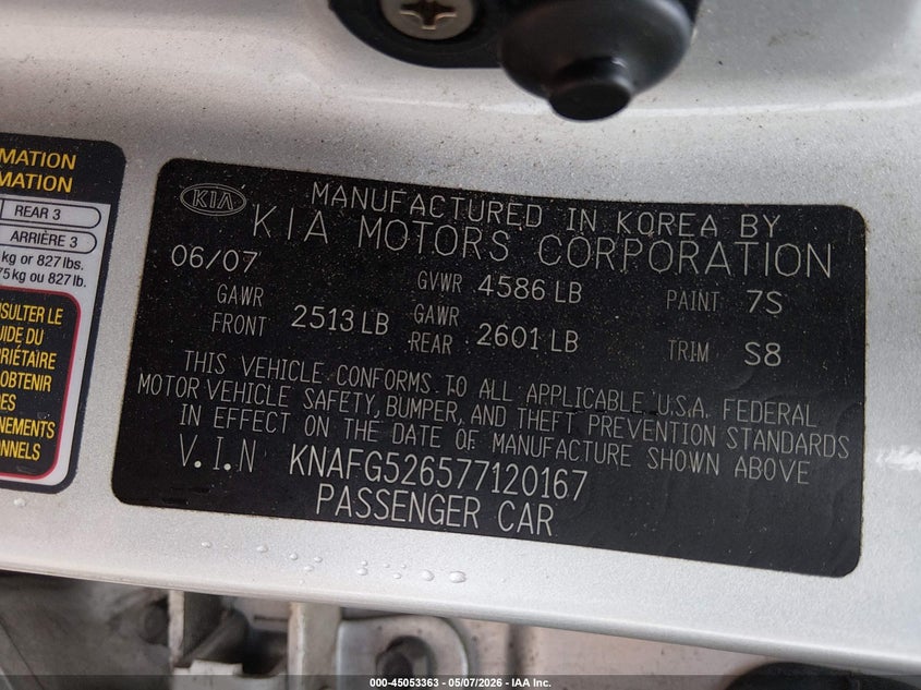 2007 Kia Rondo VIN KNAFG526577120167 IAAI salvage auction — FRONT END, Salvage (North Carolina), sold $250 on 2026-07-13 (photo 9)