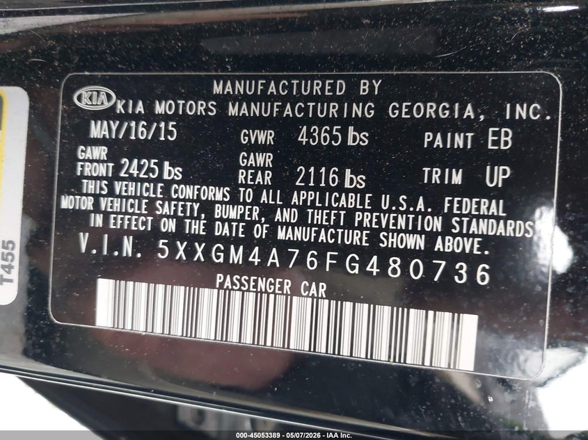 2015 Kia Optima VIN 5XXGM4A76FG480736 IAAI salvage auction — RIGHT SIDE, Salvage - Greater Than 75% (Maryland), sold $225 on 2026-07-27 (photo 9)