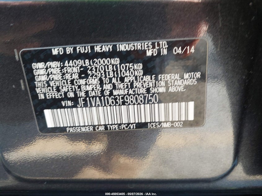 2015 Subaru Wrx VIN JF1VA1D63F9808750 IAAI salvage auction — FRONT END, Clear (Michigan), sold $1,850 on 2026-07-30 (photo 9)