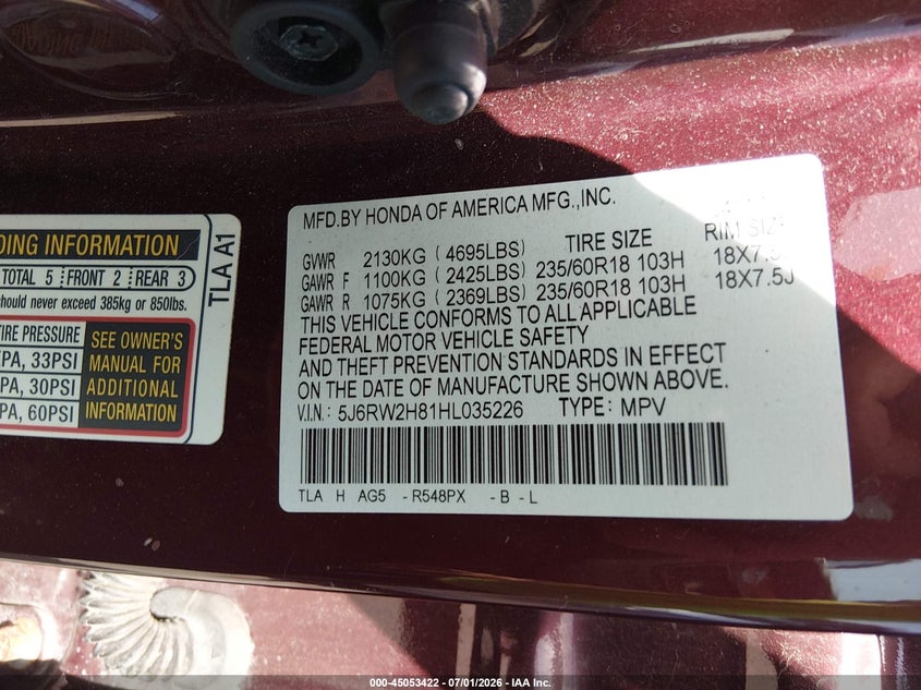 2017 Honda Cr-v VIN 5J6RW2H81HL035226 IAAI salvage auction — HAIL, Salvage Title, sold $5,400 on 2026-07-17 (photo 9)