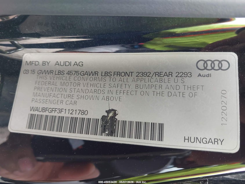 2015 Audi A3 VIN WAUBFGFF3F1121780 IAAI salvage auction — UNKNOWN, Salvage (Illinois), sold $1,225 on 2026-07-21 (photo 9)