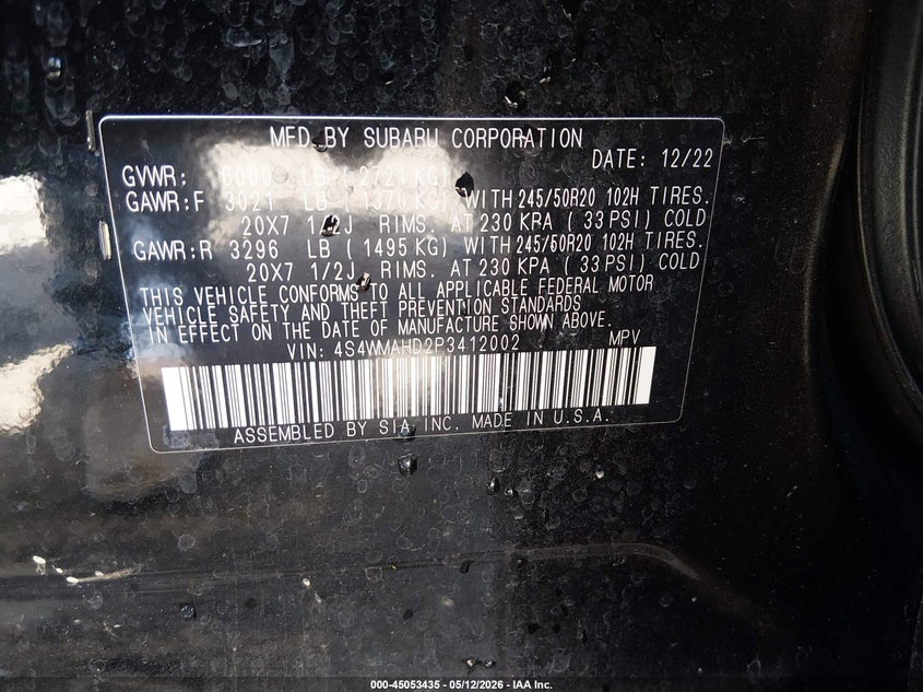 2023 Subaru Ascent VIN 4S4WMAHD2P3412002 IAAI salvage auction — FRONT END, Non-Repairable Certificate (West Virginia), sold $1,950 on 2026-07-11 (photo 9)