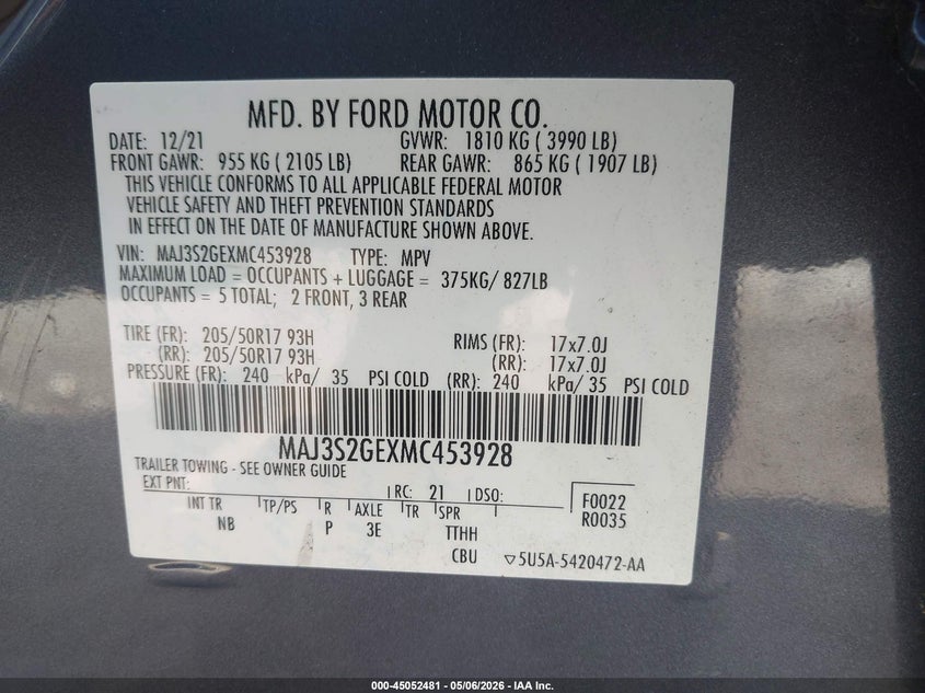 2021 Ford Ecosport VIN MAJ3S2GEXMC453928 IAAI salvage auction — FRONT END, Salvage (Georgia), sold $1,250 on 2026-07-17 (photo 9)