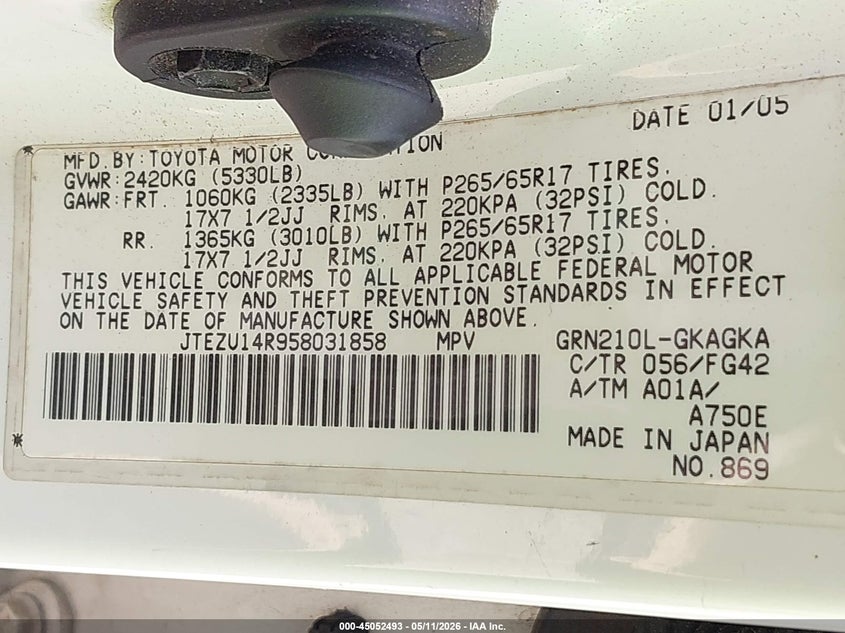 2005 Toyota 4runner VIN JTEZU14R958031858 IAAI salvage auction — ELECTRICAL, Salvage (Georgia), sold $2,100 on 2026-07-08 (photo 9)