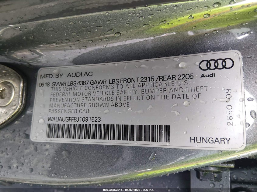 2018 Audi A3 VIN WAUAUGFF8J1091623 IAAI salvage auction — FRONT END, Clear (South Carolina), sold $3,500 on 2026-07-28 (photo 9)