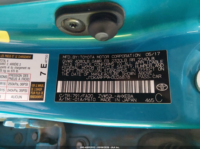 2017 Toyota Prius VIN JTDKARFP9H3026878 IAAI salvage auction — REAR END, Salvage (Oregon), sold $5,850 on 2026-07-09 (photo 9)