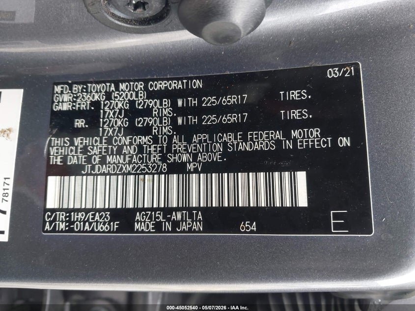 2021 Lexus Nx VIN JTJDARDZXM2253278 IAAI salvage auction — RIGHT FRONT, Clear - Dealer Only (California), sold $7,050 on 2026-07-29 (photo 9)