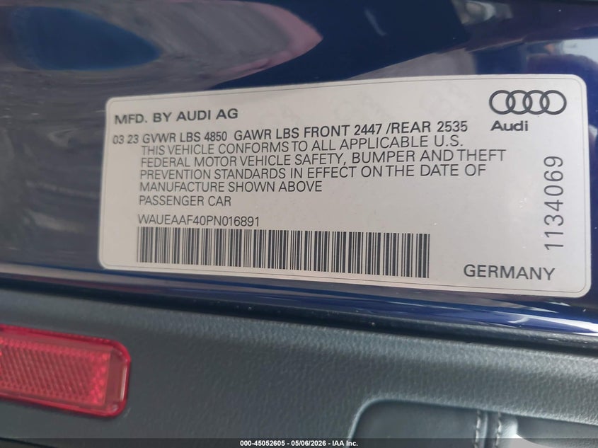 2023 Audi A4 VIN WAUEAAF40PN016891 IAAI salvage auction — FRONT END, Original (Texas), sold $10,050 on 2026-07-15 (photo 9)