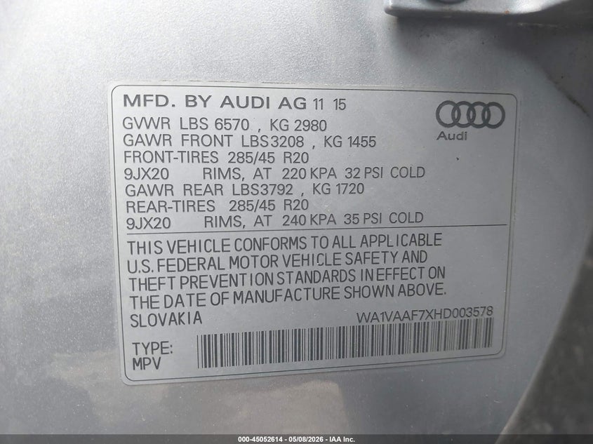 2017 Audi Q7 VIN WA1VAAF7XHD003578 IAAI salvage auction — RIGHT FRONT, Salvage (Ohio), sold $3,700 on 2026-07-14 (photo 9)