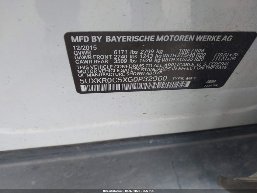 2016 BMW X5 VIN 5UXKR0C5XG0P32960 IAAI salvage auction — FRONT END, Original (Texas), sold $3,500 on 2026-07-29 (photo 9)