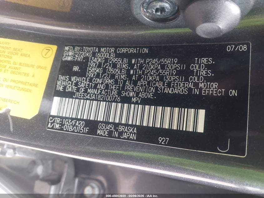 2008 Toyota Highlander VIN JTEES43A182100776 IAAI salvage auction — FRONT END, Mv-907A (New York), sold $875 on 2026-07-07 (photo 9)