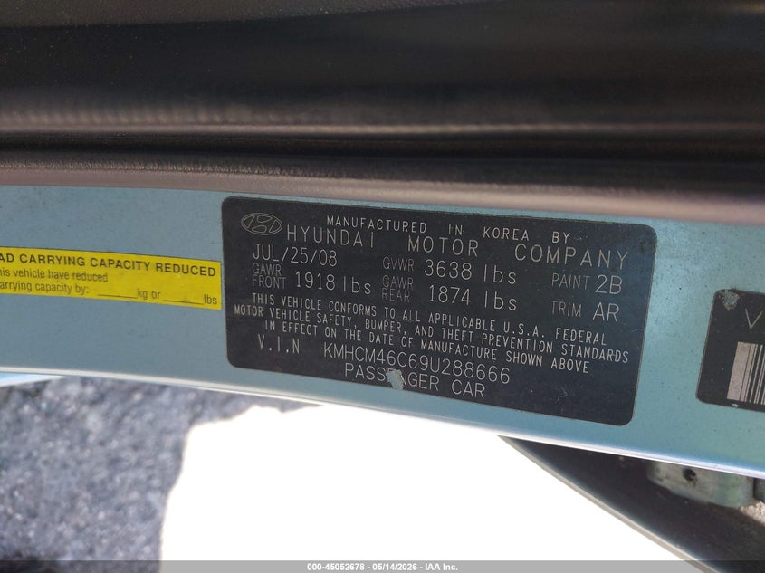 2009 Hyundai Accent VIN KMHCM46C69U288666 IAAI salvage auction — NORMAL WEAR, Clear (Florida), sold $25 on 2026-07-29 (photo 9)