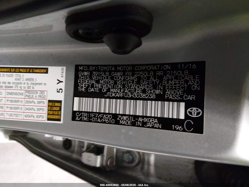 2017 Toyota Prius VIN JTDKARFU3H3038238 IAAI salvage auction — FRONT END, Salvage (Arizona), sold $2,000 on 2026-07-14 (photo 9)