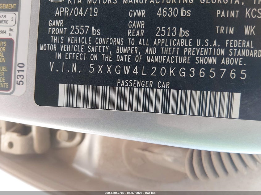 2019 Kia Optima VIN 5XXGW4L20KG365765 IAAI salvage auction — FRONT END, Salvage (Kansas), sold $2,950 on 2026-07-31 (photo 9)
