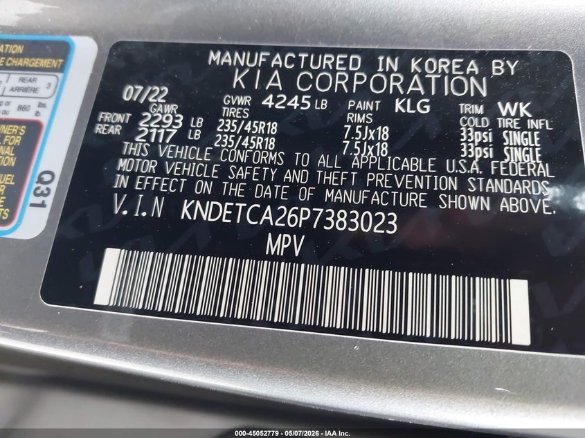 2023 Kia Seltos VIN KNDETCA26P7383023 IAAI salvage auction — FRONT END, Original (Texas), sold $2,800 on 2026-07-30 (photo 9)