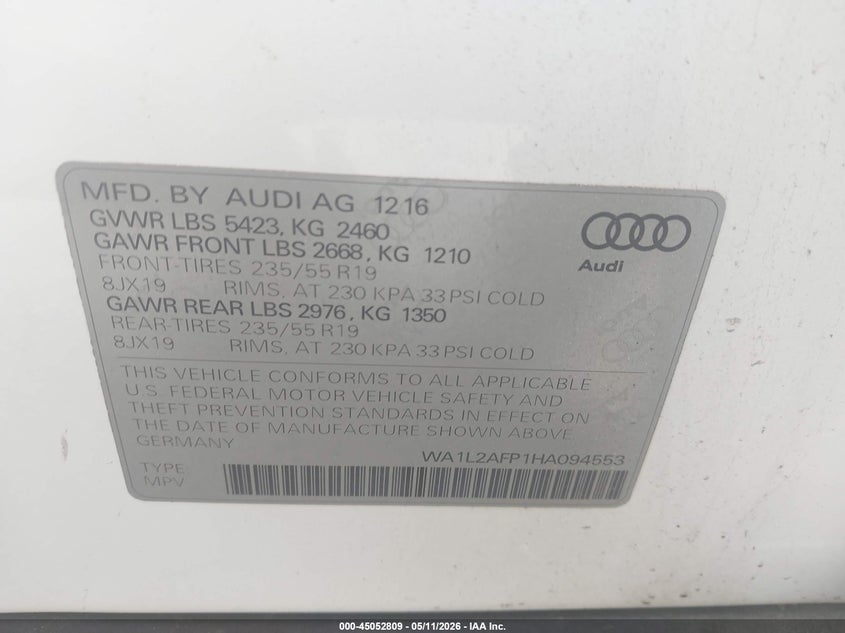 2017 Audi Q5 VIN WA1L2AFP1HA094553 IAAI salvage auction — FRONT END, Mv-907A (New York), sold $900 on 2026-07-28 (photo 9)
