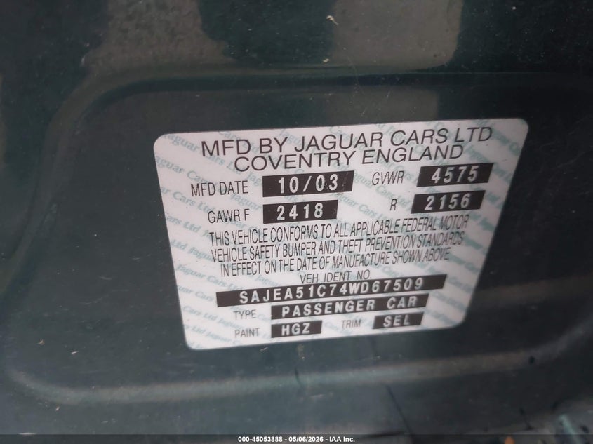 2004 Jaguar X type VIN SAJEA51C74WD67509 IAAI salvage auction — NORMAL WEAR, Salvage (Texas), sold $200 on 2026-07-29 (photo 9)