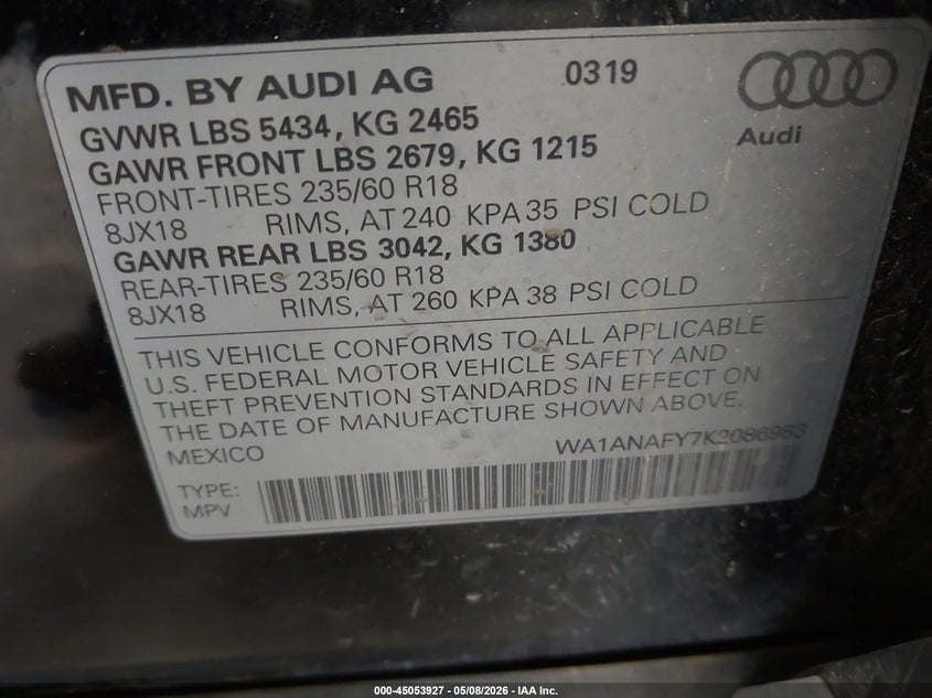 2019 Audi Q5 VIN WA1ANAFY7K2086983 IAAI salvage auction — REAR END, Salvage (Colorado), sold $8,575 on 2026-07-15 (photo 9)