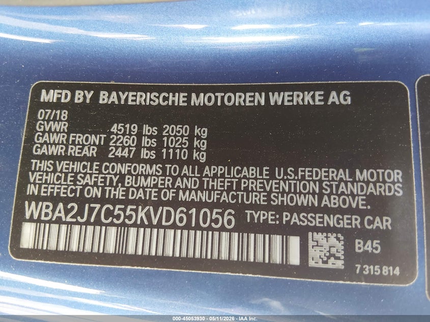 2019 BMW 2er VIN WBA2J7C55KVD61056 IAAI salvage auction — FRONT END, Salvage (Colorado), sold $2,050 on 2026-08-22 (photo 9)
