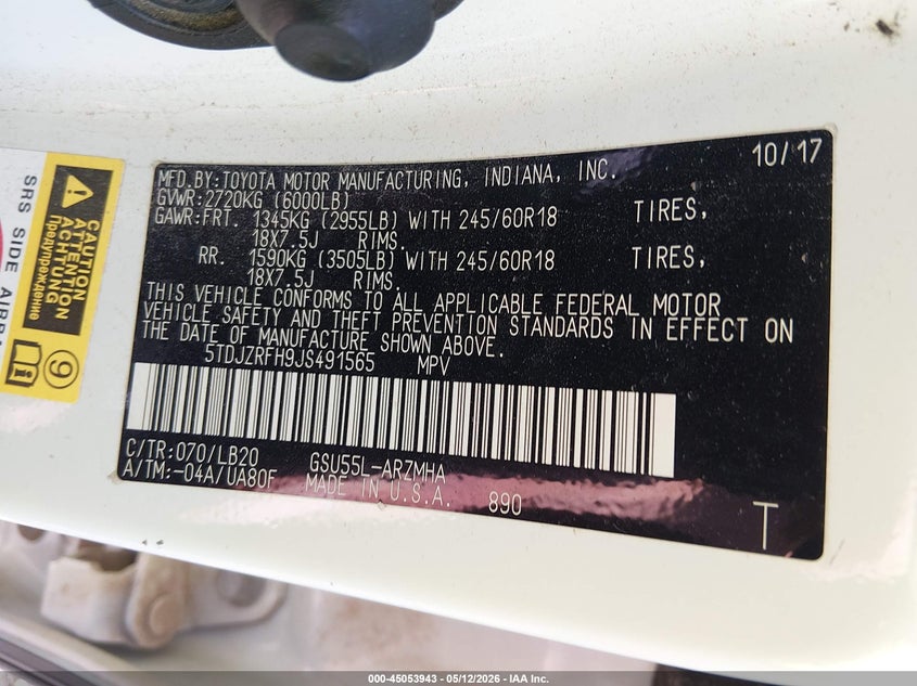 2018 Toyota Highlander VIN 5TDJZRFH9JS491565 IAAI salvage auction — HAIL, Salvage (Arkansas), sold $9,000 on 2026-07-16 (photo 9)
