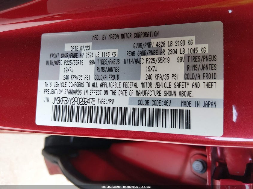 2023 Mazda Cx-5 VIN JM3KFBXY2P0292475 IAAI salvage auction — REAR END, Rebuildable (Florida), sold $5,200 on 2026-07-21 (photo 9)