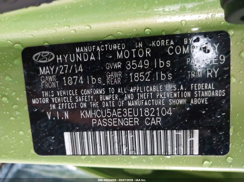 2014 Hyundai Accent VIN KMHCU5AE3EU182104 IAAI salvage auction — NORMAL WEAR, Salvage (Texas), sold $775 on 2026-07-30 (photo 9)