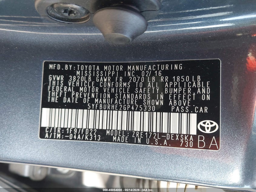 2016 Toyota Corolla VIN 5YFBURHE2GP475330 IAAI salvage auction — REAR END, Salvage (California), sold $3,350 on 2026-07-17 (photo 9)