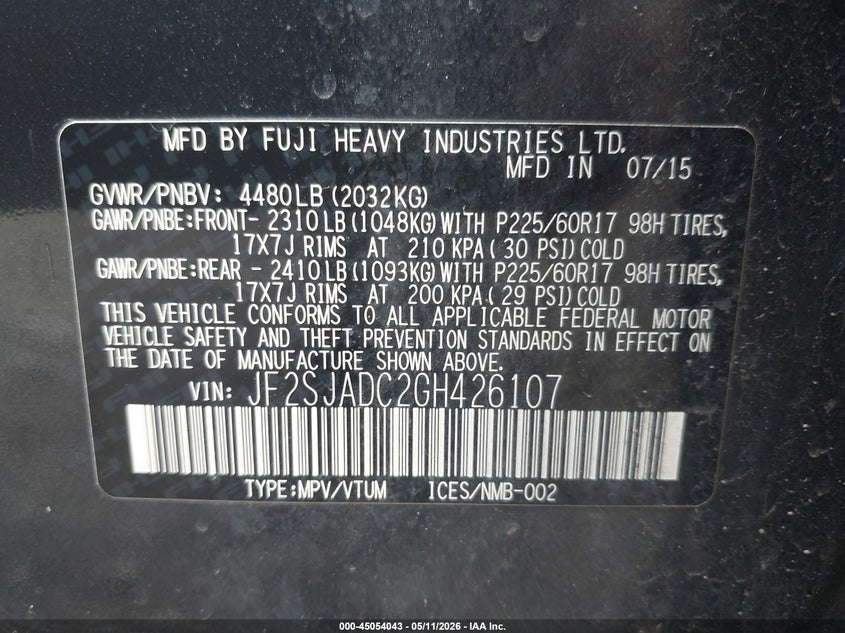 2016 Subaru Forester VIN JF2SJADC2GH426107 IAAI salvage auction — RIGHT FRONT, Salvage (New Jersey), sold $900 on 2026-07-22 (photo 9)