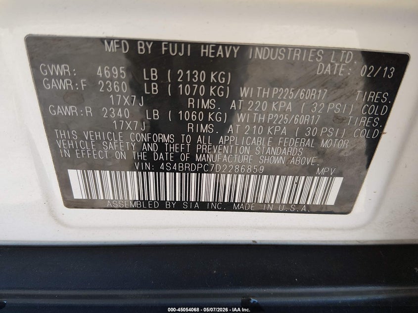 2013 Subaru Outback VIN 4S4BRDPC7D2286859 IAAI salvage auction — LEFT REAR, Salvage (Colorado), sold $750 on 2026-07-17 (photo 9)