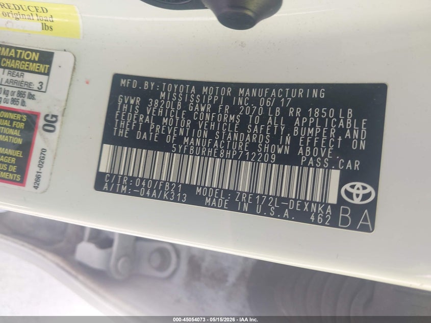 2017 Toyota Corolla VIN 5YFBURHE8HP712209 IAAI salvage auction — FRONT END, Original (Texas), sold $4,700 on 2026-07-10 (photo 9)