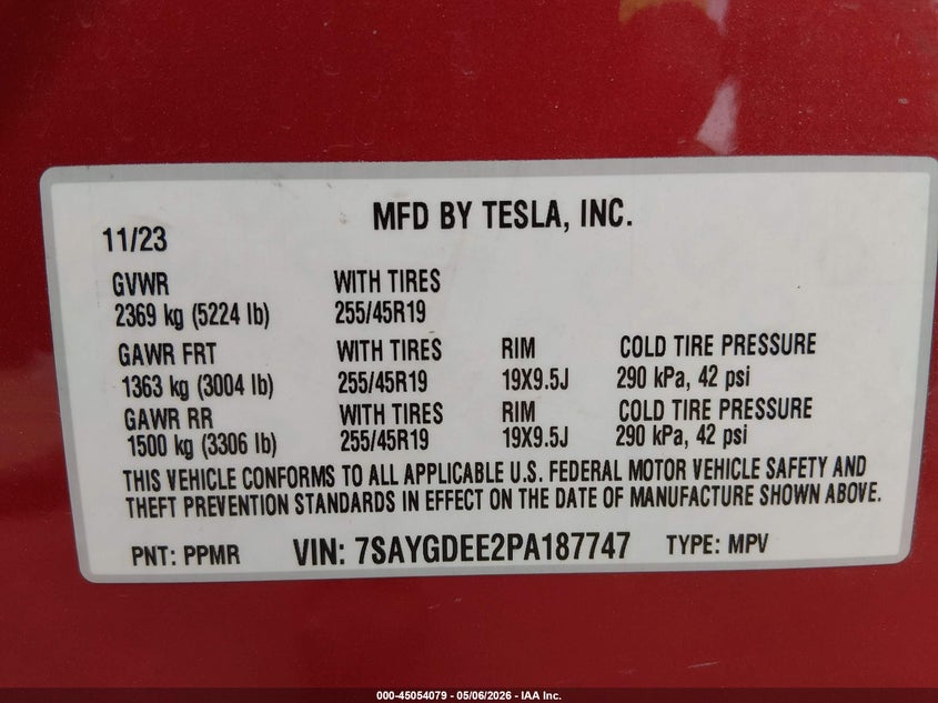 2023 Tesla Model y VIN 7SAYGDEE2PA187747 IAAI salvage auction — LEFT & RIGHT, Original (Texas), sold $13,100 on 2026-09-01 (photo 9)