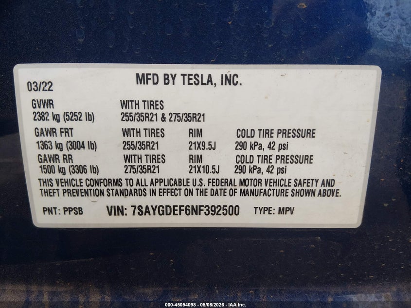 2022 Tesla Model y VIN 7SAYGDEF6NF392500 IAAI salvage auction — REAR END, Clear (Hawaii), sold $1,550 on 2026-07-28 (photo 9)