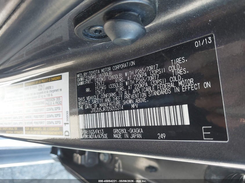 2013 Toyota 4runner VIN JTEZU5JR7D5055314 IAAI salvage auction — FRONT & REAR, Salvage (California), sold $6,175 on 2026-07-06 (photo 9)