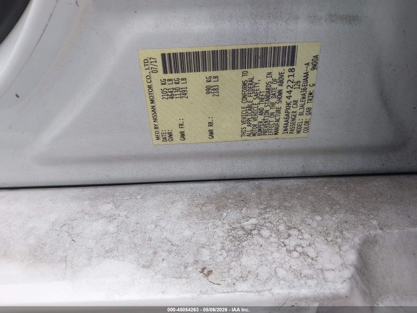 2017 Nissan Maxima VIN 1N4AA6APXHC442218 IAAI salvage auction — UNKNOWN, Salvage (Kentucky), sold $275 on 2026-07-31 (photo 9)