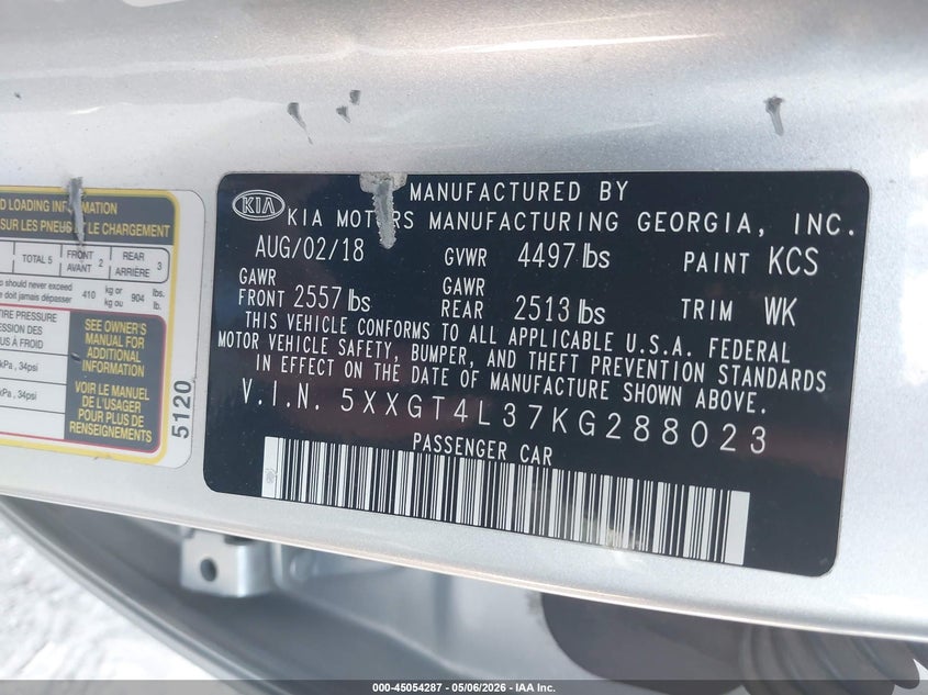 2019 Kia Optima VIN 5XXGT4L37KG288023 IAAI salvage auction — FRONT END, Salvage (California), sold $3,000 on 2026-07-22 (photo 9)