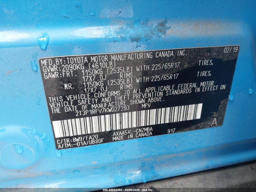 2019 Toyota Rav 4 VIN 2T3P1RFV7KW027293 IAAI salvage auction — FRONT & REAR, Salvage (Oregon), sold $7,050 on 2026-07-09 (photo 9)