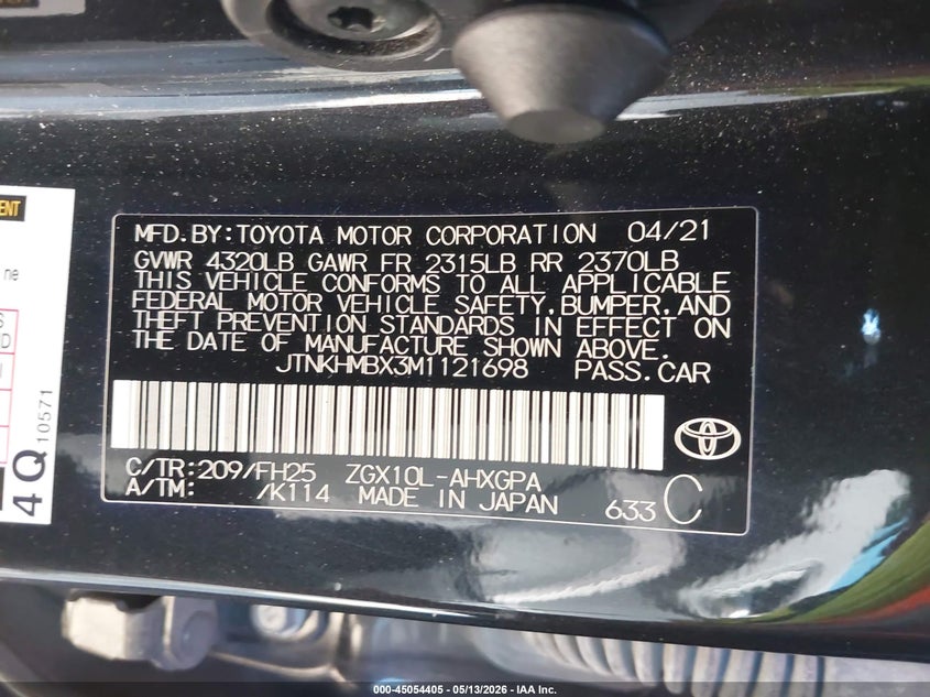 2021 Toyota C-hr VIN JTNKHMBX3M1121698 IAAI salvage auction — REAR END, Original (Texas), sold $10,675 on 2026-07-13 (photo 9)