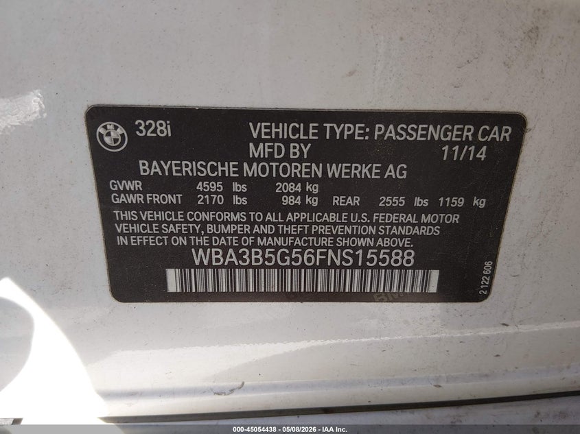 2015 BMW 3er VIN WBA3B5G56FNS15588 IAAI salvage auction — FRONT END, Salvage (Connecticut), sold $450 on 2026-07-30 (photo 9)