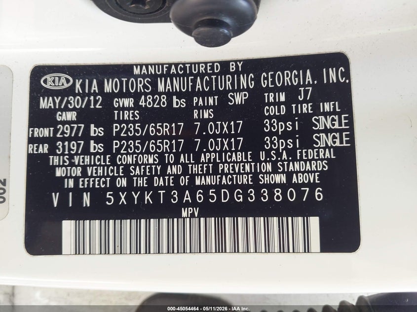 2013 Kia Sorento VIN 5XYKT3A65DG338076 IAAI salvage auction — FRONT & REAR, Salvage (Georgia), sold $1,000 on 2026-07-10 (photo 9)
